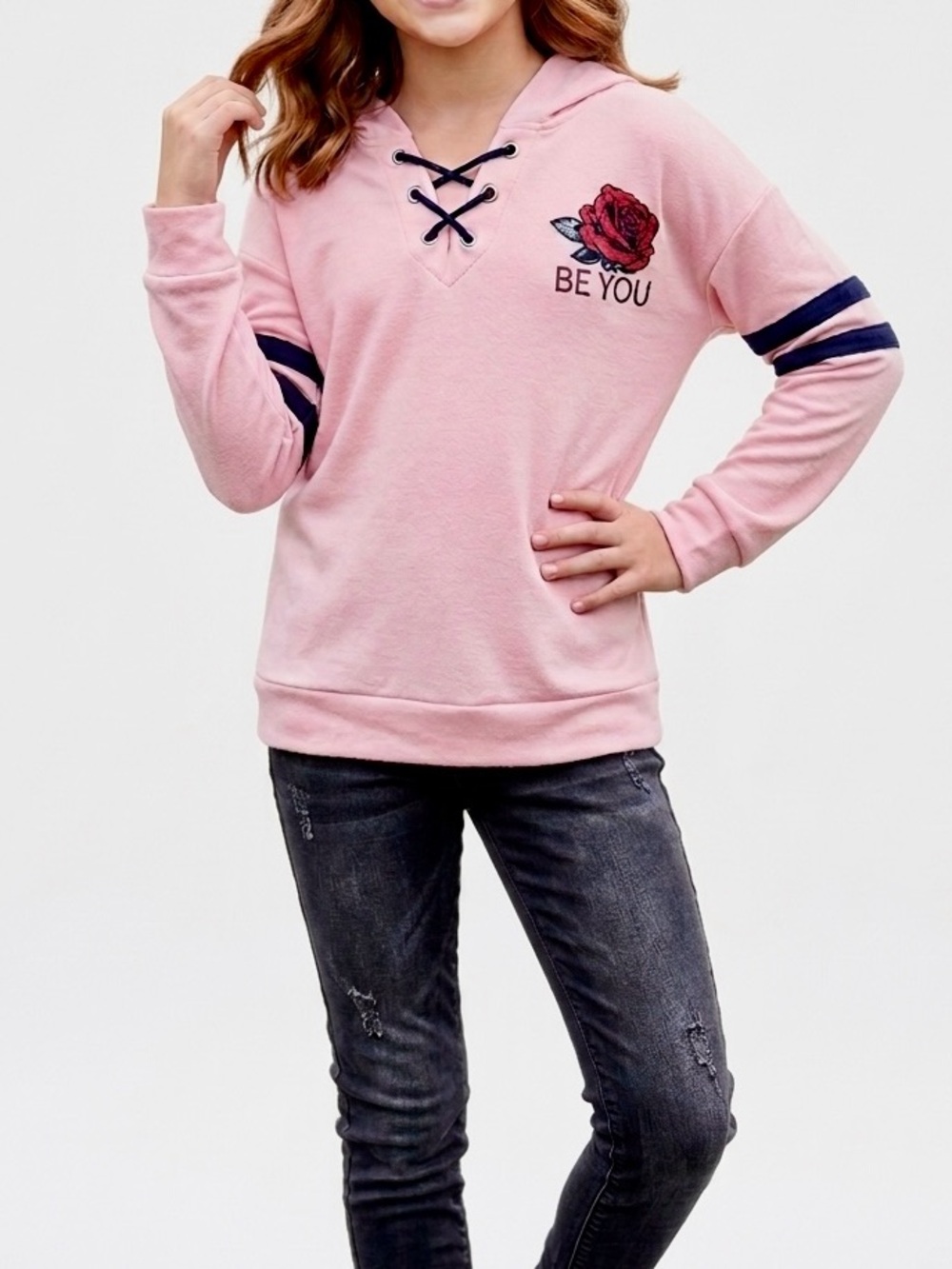 BEAUTEES Girls Pink Lace-Up Kids Hoodie Long Sleeve Tee Sporty T-shirt - Picture 1 of 14